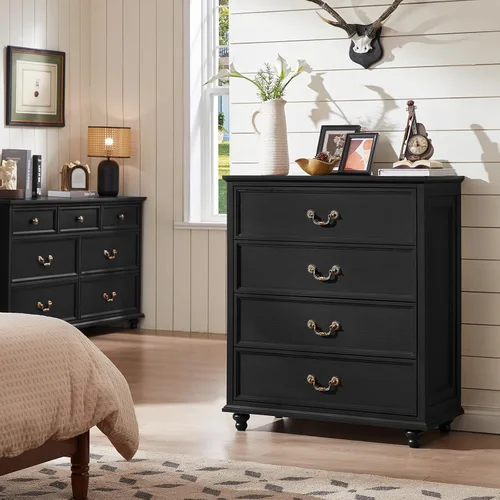 Vista 6 de Joaxswe Cómoda rústica de 4 cajones para dormitorio, cómoda rústica de 37 pulgadas de alto con 4 pies de madera maciza, organizador de armario
