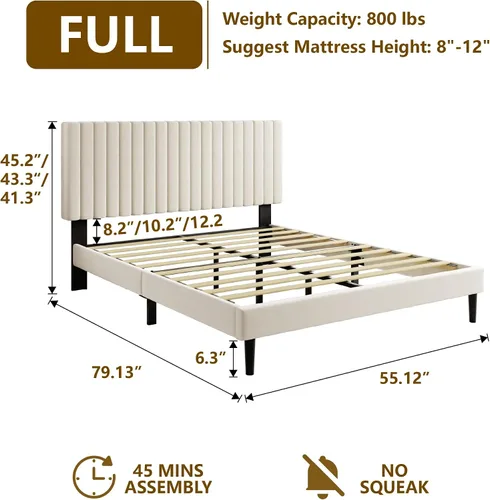 Vista 2 de Sismplly Armazón de cama tamaño completo con cabecera tapizada en terciopelo, cama de plataforma con listones de madera resistentes, base