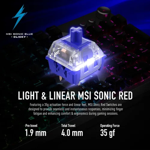 Vista 2 de MSI Vigor GK71 Sonic Blue EE.UU. Teclado mecánico RGB para juegos Sonic Blue Switch