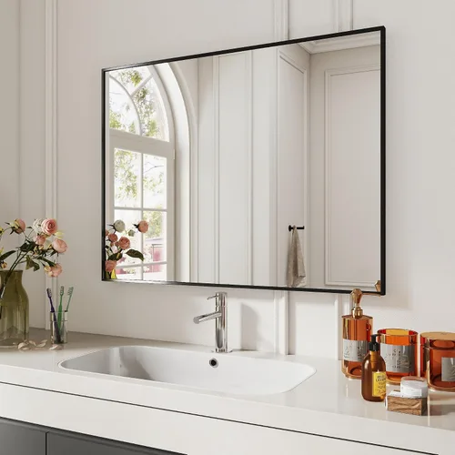 Vista 9 de [Usado] Espejo de baño con marco negro mate, espejo rectangular de tocador de 55 x 30 pulgadas, espejo de pared rectangular grande, antioxidante