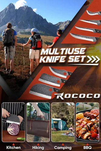 Vista 5 de ROCOCO Juego de 13 Cuchillos de Carnicero para Corte de Carne Cuchillo de Chef Serbio Cuchillo de Deshuesado Vikingo con Bolsa Enrollable