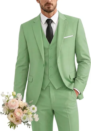 Vista 20 de Traje de 3 piezas para hombre con corbata, chaleco sólido de un botón y beige (529-beige)
