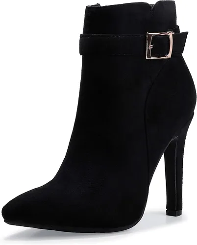 Vista 11 de IDIFU Dana - Botines de tacón de aguja alto con punta puntiaguda para mujer, botas cortas con cremallera lateral y hebilla de metal Poliuretano negro