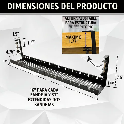 Vista 3 de Bandeja de Gestión de Cables Bajo el Escritorio Sin Taladro - Extensible de 16" a 31" de Acero Resistente Ocultador de Cables de Escritorio