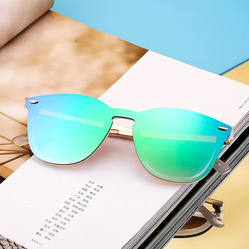 Vista 5 de Rimless Wayfarer Anteojos de sol en una sola pieza lente espejo reflectante, anteojos para hombres mujeres