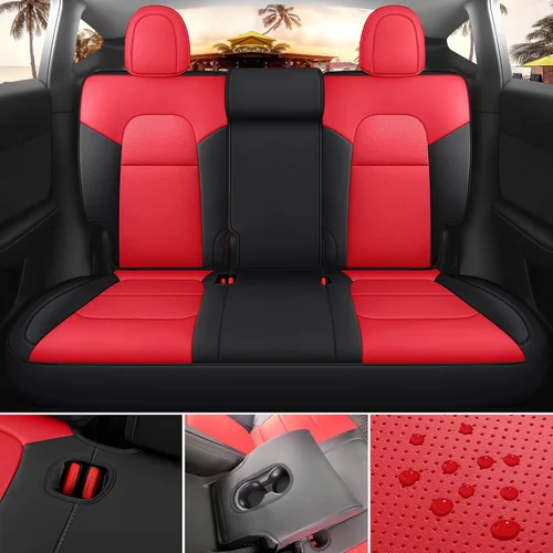Vista 4 de Funda de asiento para Tesla Modelo Y 2020-2024, impermeable, de piel de napa totalmente envuelta (TY-rojo + negro)