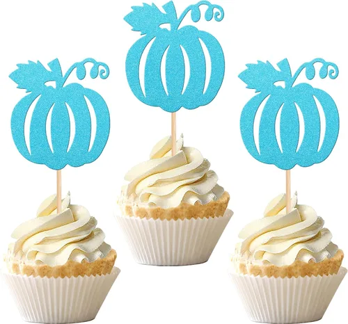 Vista 12 de 24 piezas de decoración de calabaza para cupcakes con purpurina temática de otoño, decoración de pasteles con temática de calabaza, cumpleaños