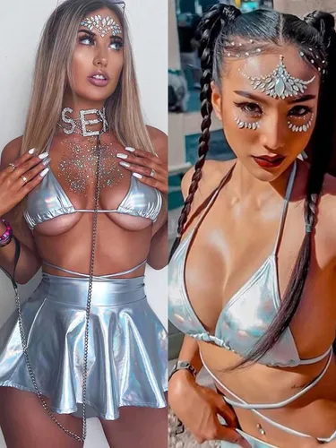 Vista 5 de Conjunto de 3 piezas para mujer - Sexy festival de música holográfico metálico con tiras en la parte superior de bikini y falda de playa