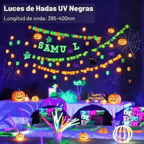 Vista 2 de Luces LED negras UV a pilas, paquete de 2 luces LED de 6.56 pies, 20 luces LED UV, accesorios de luz negra flexibles, luces de hadas moradas