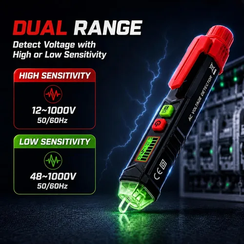 Vista 3 de Detector de voltaje sin contacto Probador de voltaje de doble rango 12V-1000V/48V-1000V Detección de cable vivo y nulo Herramienta eléctrica