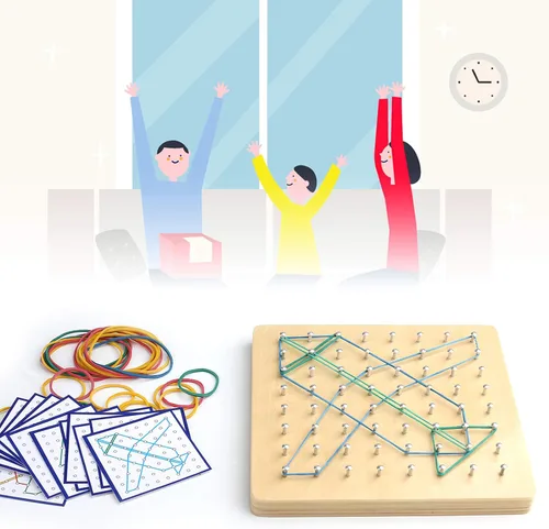 Vista 7 de Thoth Tablero geométrico de madera Montessori, material matemático para manipular, bloques de arreglo con 36 tarjetas de patrones y bandas de goma