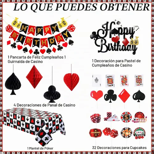 Vista 2 de 58 decoraciones de fiesta de póquer de casino, guirnalda de pancarta de cumpleaños con temática de póquer, globos de aluminio, pompones de nido