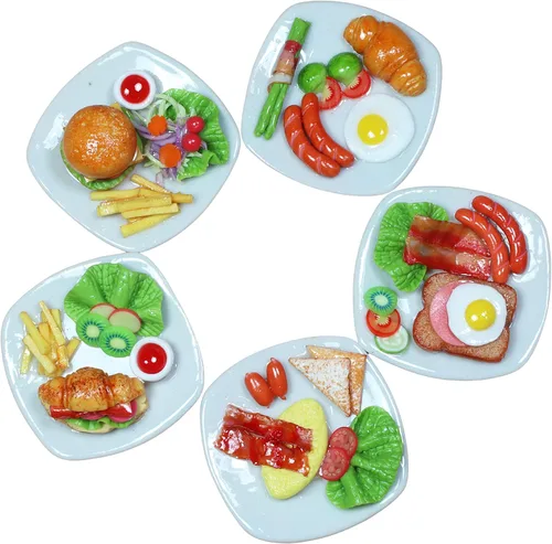 Vista 4 de Juego de comida para el desayuno en miniatura hecha a mano, 5 platos surtidos, accesorios de comida de arcilla seca al aire, escala 1:6, platos