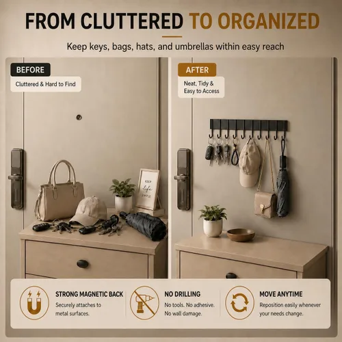 Vista 4 de 2 soportes magnéticos para llaves para refrigerador con 10 ganchos, soporte magnético para utensilios para pared, organizador de ganchos colgadores