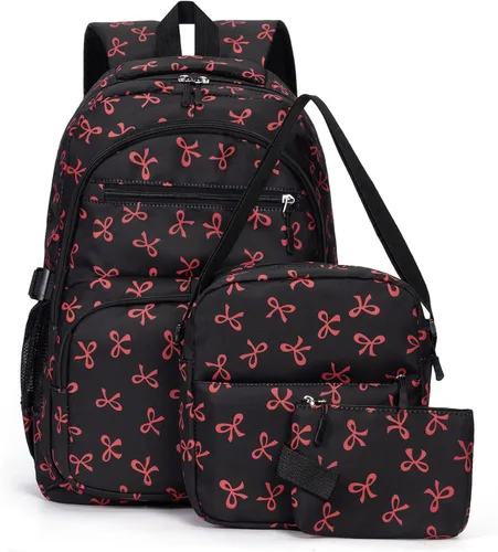 Vista 11 de Mochila con lazo para mujer, mochila kawaii de nailon coquette, juego de 3 piezas, linda mochila para computadora portátil universitaria, mochila
