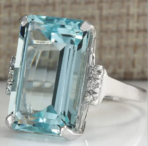 Vista 2 de LVSHI Anillo vintage de plata 925 con piedras preciosas de aguamarina para mujer, circonita cúbica, joyería de boda, regalo talla 6-11 (talla 7)