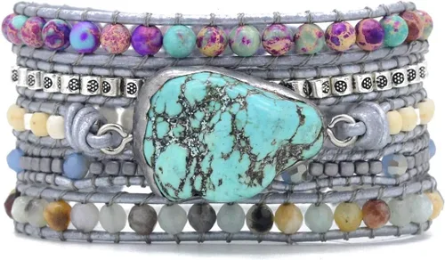 Vista 60 de ZOSOJONA - Pulseras bohemias hechas a mano de piedra natural, que dan vuelta, con cuentas de cristal de turquesa