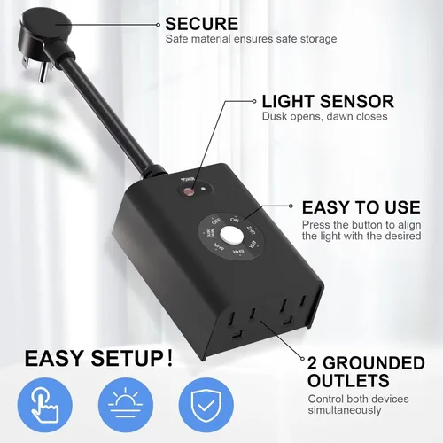 Vista 3 de Temporizador de luz exterior con sensor, toma de corriente impermeable del atardecer al amanecer con 2 tomas de tierra e interruptor de botón
