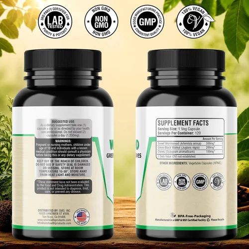 Vista 4 de Cápsulas de ajenjo negro de nuez y clavo, sin rellenos, suplemento de limpieza a base de hierbas para apoyo digestivo y bienestar, 120 cápsulas