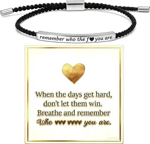 Vista 13 de Pulsera trenzada motivacional con texto en inglés "Remember Who The F You Are", regalos inspiradores para mujeres y amigas