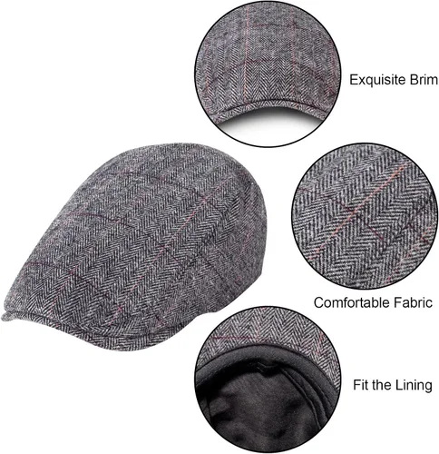 Vista 5 de Paquete de 2 sombreros de periódico para hombre, diseño clásico de espiga de tweed, mezcla de lana, gorra plana Ivy Cabbie