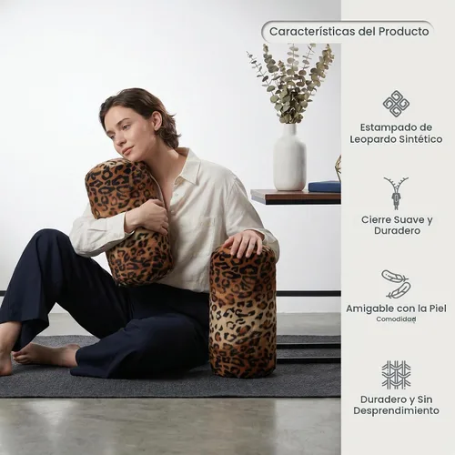 Vista 5 de CARRIE HOME Almohadas de Cuello de Microcuentas con Estampado de Leopardo Cilíndricas Tipo Puff Suaves - Almohada Pequeña de Rollo para Brazo y 12 x