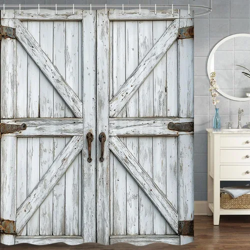 Vista 21 de Cortina de ducha de puerta de granero de madera rústica, 60 x 70 pulgadas, beige