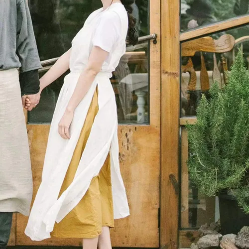 Vista 5 de Vestido estilo pinafore de algodón con cuello en V y cuello en V para mujeres y niñas