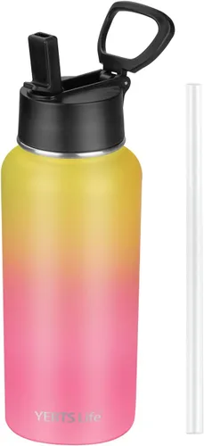 Vista 12 de Botella de agua aislada con popote, botella de agua deportiva de acero inoxidable aislada al vacío de 32 onzas, mantiene el frío y el calor, botella
