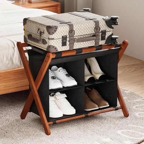Vista 13 de Huhote Portaequipajes para habitación de invitados, soporte plegable para maleta con estante de almacenamiento de tela, soporte para equipaje