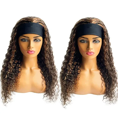 Vista 2 de Rebasar - Peluca de onda profunda con reflejos color marrón, 10 pulgadas, con diadema y reflejos, cabello humano, rizado, para mujeres negras