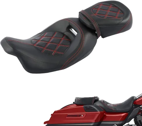 Vista 8 de XFMT Asiento de motocicleta de perfil bajo de dos piezas para 2 personas, asiento para conductor y pasajero para Harley Touring Road King Street