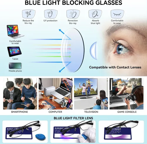Vista 7 de Dollger Gafas de bloqueo de luz azul para hombres, gafas de juegos de computadora, rectangular, marco de metal, antifatiga ocular, protección ocular