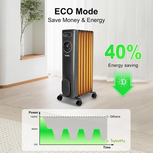 Vista 4 de hykolity - Radiador eléctrico de aceite, portátil, de 1500 W. Calentador radiante para toda la habitación con termostato ajustable, control remoto