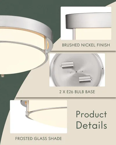 Vista 4 de 4822-BN - Lámpara de techo cerca de techo, de níquel con 2 luces para lavandería, cocina, dormitorio, baño, 4822-BN Clase esmerilada y níquel