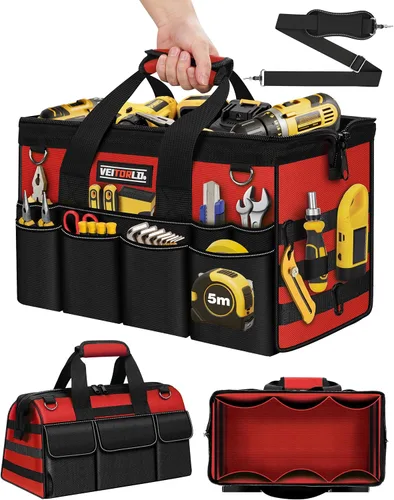 Vista 12 de Bolsa de herramientas resistente de 18 pulgadas, organizador de caja de herramientas de 19 bolsillos, bolsa de herramientas portátil con asa suave