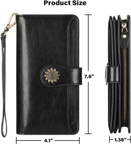 Vista 7 de Lavemi Carteras de cuero genuino de gran capacidad con bloqueo RFID para mujer, tarjetero con correa para la muñeca