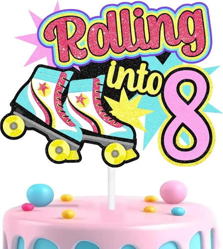 Vista 9 de Decoraciones retro para tartas de patinaje sobre ruedas para cumpleaños de 7 años, decoraciones enrollables, fiesta de cumpleaños de niños y niñas