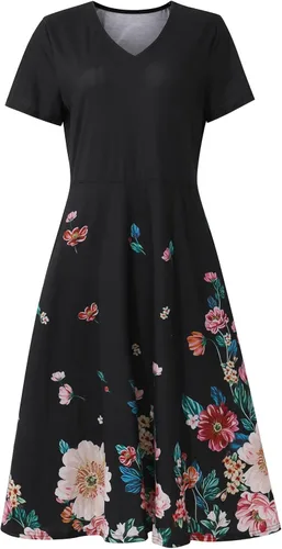 Vista 4 de ZEFOTIM Vestidos de verano para mujer 2023 de manga cortasin mangas, floral, cuello en V, vestido por debajo de la rodilla, vestidos casuales fluidos