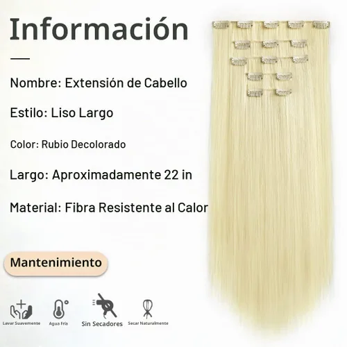 Vista 2 de Extensiones de cabello rubio con clip, lacio, de 22 pulgadas de largo, sintético, negro, grueso, 5 piezas para mujeres, bodas, fiestas, uso diario