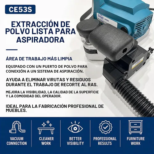 Vista 8 de Virutex CE53S Cepilladora de bordes para carpintería, cepilladora de bandas de borde empotrado, máquina profesional con base de soporte ajustable