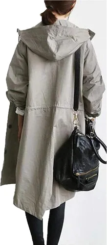 Vista 2 de iQKA Chaqueta de lluvia para mujer, para otoño e invierno, holgada, con capucha, de gran tamaño, elegante, cortavientos, cómoda, abrigo