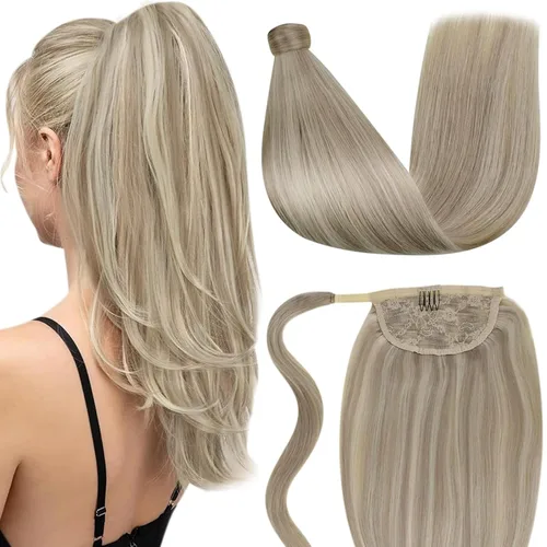 Vista 32 de LaaVoo Extensión de cola de caballo de cabello humano marrón para mujer, extensiones de cola de caballo marrón oscuro, extensiones de cabello humano