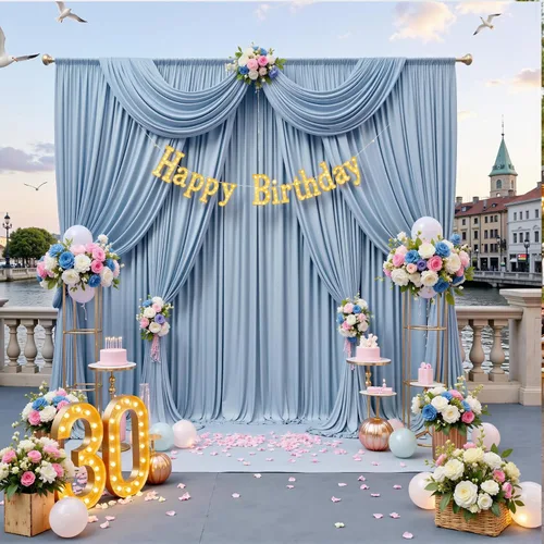 Vista 9 de Cortina de fondo azul bebé de 10 pies x 8 pies sin arrugas para fiesta, cortinas de fondo de poliéster azul para fotografías, decoraciones para baby