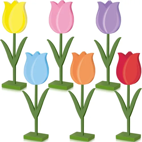 Vista 6 de Yuntau 6 letreros de madera de tulipanes de primavera, decoración de mesa retro, tulipanes de granja, decoración de mesa, centro de mesa, bandeja