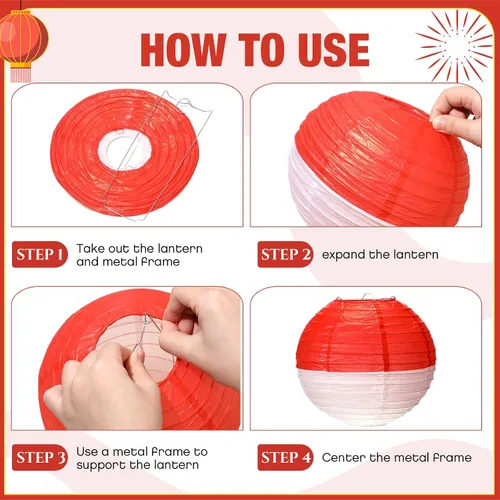 Vista 3 de Honoson 9 linternas de papel decorativas colgantes redondas de 8 pulgadas, 10 pulgadas, 12 pulgadas, lámparas de bola rojas y blancas para fiesta