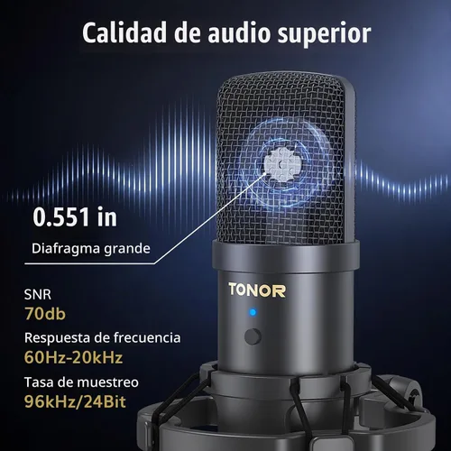 Vista 3 de TONOR Micrófono de PC con kit de brazo Boom para podcast, micrófono de condensador para computadora, recogida cardioide, micrófono USB con soporte