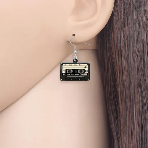 Vista 2 de Pendientes de cinta de cassette vintage de acrílico de los años 80 y 90 años 90 retro para instrumentos musicales cuelgan joyería novedosa