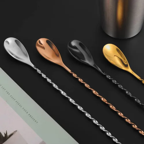 Vista 6 de AnSaw - Cuchara de cóctel de acero inoxidable de 10 pulgadas con mango de hoja, negra - Perfecta para mezclar y estratificar bebidas en vasos altos