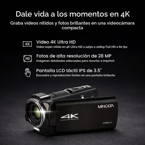 Vista 2 de Minolta MN4K100Z 28MP 4K Ultra HD 3.5" Touch Night Vision Videocámara, B Negro